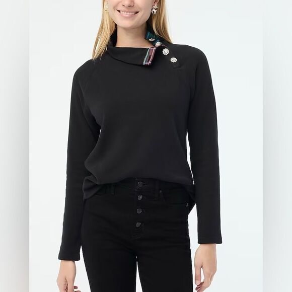 NWT J CREW Factory Tartan wide jeweled button-neck pullover sweatshirt in black - Picture 3 of 6